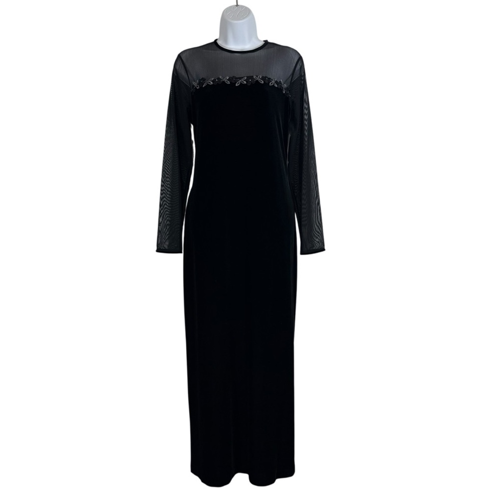 Vintage Robbie Bee Black Gothic Long Sheer Sleeve Modest Dress Mesh Detail Sz10